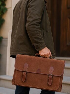 GoN Vintage Leather Suede Briefcase Messenger Bag Brown Plaid Lined 17”